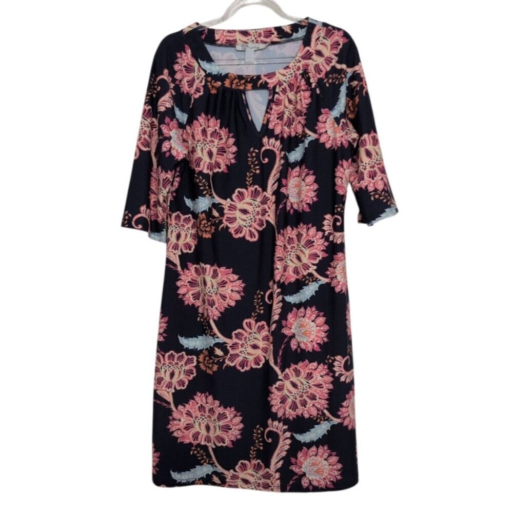 Aryeh Floral Dress Womens Size Large Blue Pink Nylon Stretch Half Sleeves Shift